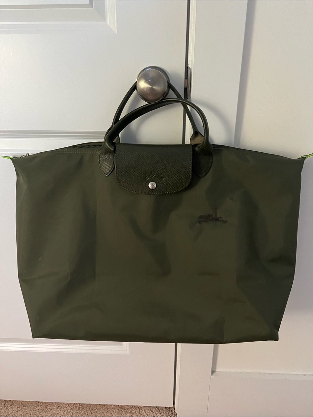 Longchamp Olive Green Nylon XL Duffle with Dark Leather Trim